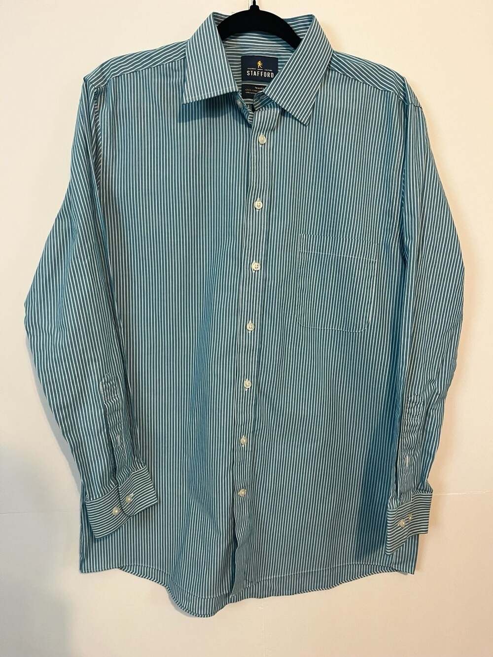 Stafford Travel Easy Care Teal Striped Long Sleeve Dress Shirt